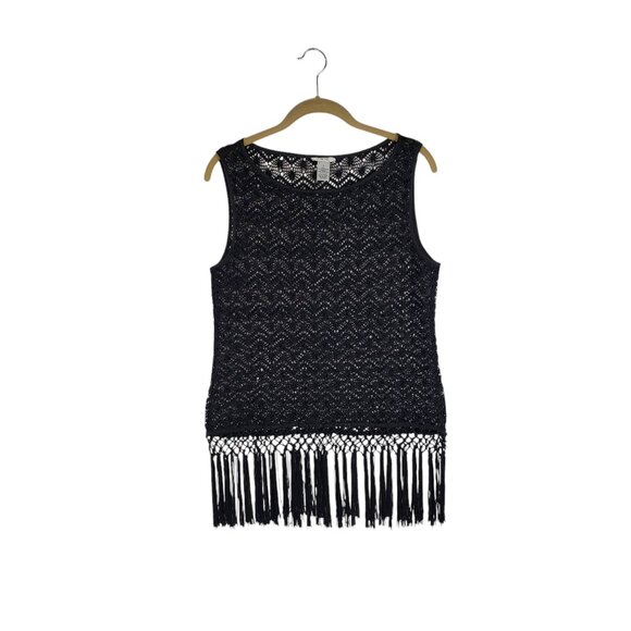 Cache Crochet Fringe Top Sleeveless Black Satin Sequin Sheer Evening Size Medium - Picture 1 of 6